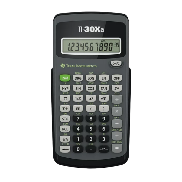 A TI-30XA scientific calculator.